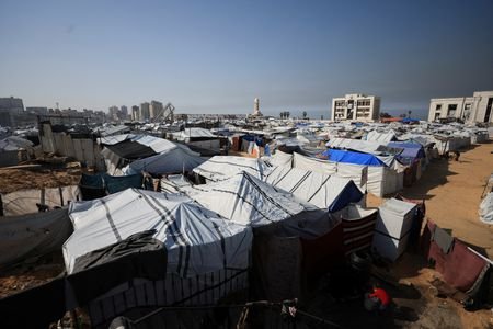 General view of tent shelters housing displaced Palestinians who lost