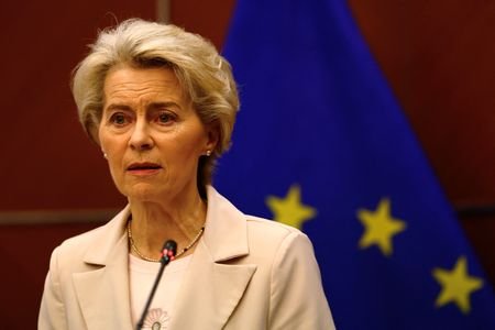 European Commission President Ursula von de Leyen attends a news