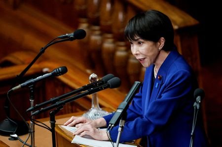 FILE PHOTO: Japan's Prime Minister Sanae Takaichi in parliament in