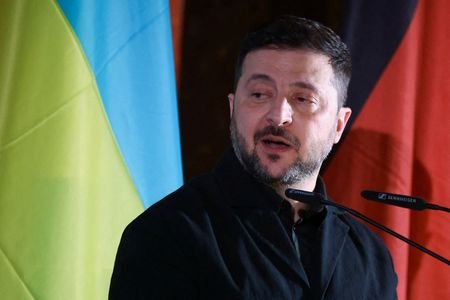 FILE PHOTO: Ukrainian President Volodymyr Zelenskiy receives the Ewald-von-Kleist-Award, during