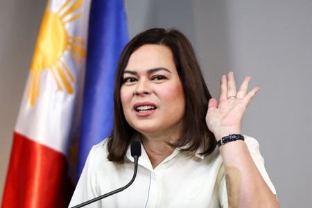 FILE PHOTO: Philippine Vice President Sara Duterte delivers a statement