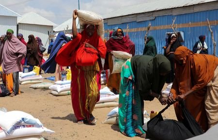 FILE PHOTO: Internally displaced Somalis receive dry relief food from