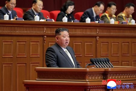 North Korean leader Kim Jong Un speaks during the Ninth