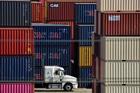 Containers sit at the Port of Los Angeles, in San