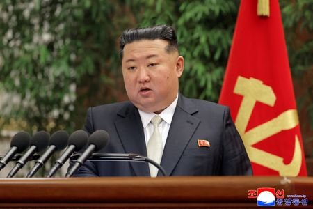 North Korean leader Kim Jong Un speaks during the expanded