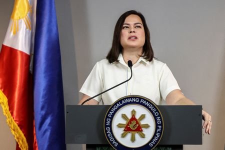 Philippine Vice President Sara Duterte delivers a statement following her