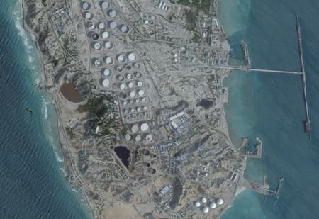 A satellite image shows an oil terminal, in Kharg Island