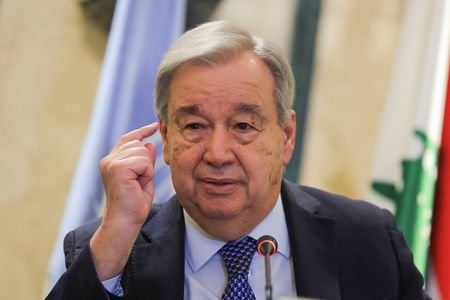 U.N. Secretary-General Guterres speaks during a press conference, in Beirut
