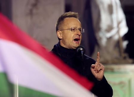 Hungarian Foreign Minister Szijjarto speaks during an election campaign rally