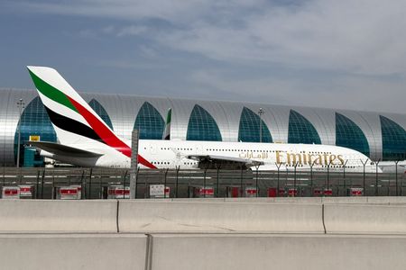 An Emirates airplane at Dubai International Airport, amid the U.S.-Israeli