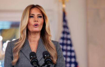 U.S. first lady Melania Trump delivers remarks in the Grand