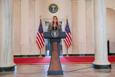 U.S. first lady Melania Trump delivers remarks regarding the late