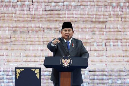 Indonesian President Prabowo Subianto speaks at a ceremony marking the