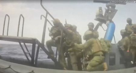 An Israeli naval boat intercepts the Global Sumud Flotilla en