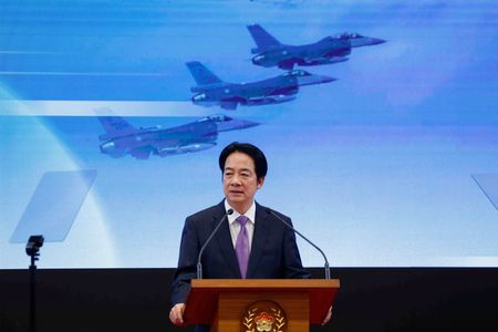 Taiwan President Lai Ching-te speaks at a news conference on