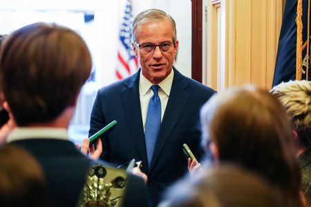 Senate Majority Leader John Thune speaks to reporters in Washington