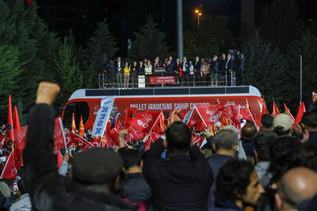 Turkey's main opposition Republican People's Party leader Ozgur Ozel addresses
