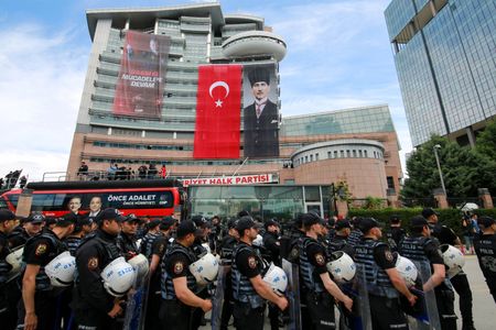 Riot police stand guard outside the CHP headquarters in Ankara