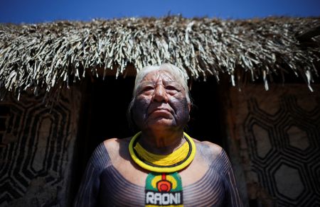 Indigenous leader Megaron Txucarramae speaks to Reuters in Menkragnoti Indigenous