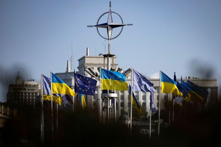 Ukrainian and EU flags fly in central Kyiv