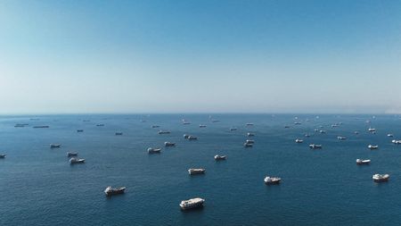A drone view shows vessels at the Strait of Hormuz,
