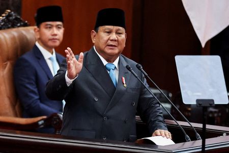 FILE PHOTO: Indonesian President Prabowo Subianto delivers speech at parliament
