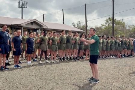 U.S. Defense Secretary Pete Hegseth speaks to troops at the