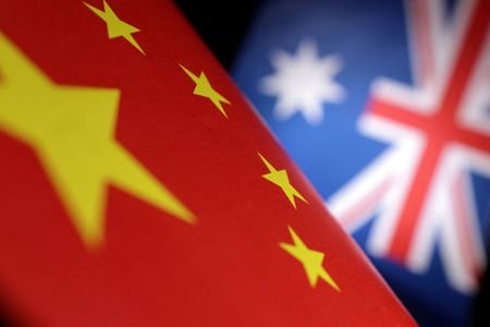 FILE PHOTO: Illustration shows printed Chinese and Australian flags