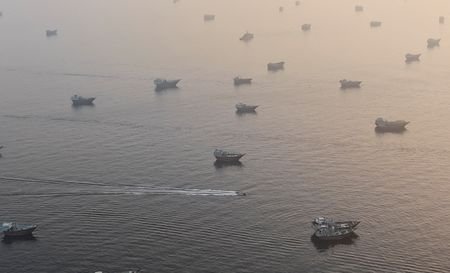 A drone view shows vessels in the Strait of Hormuz,