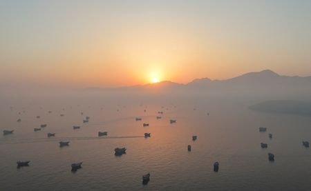 FILE PHOTO: A drone view shows vessels in the Strait