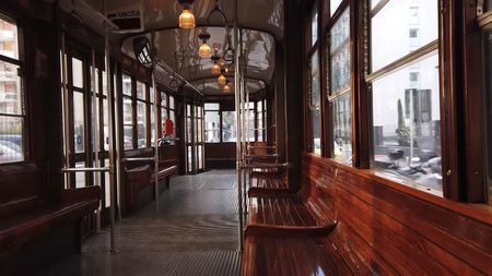 An empty tram is seen during rush hour in Milan
