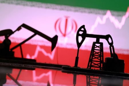 Illustration shows 3D printed oil pump jacks, Iranian flag, rising