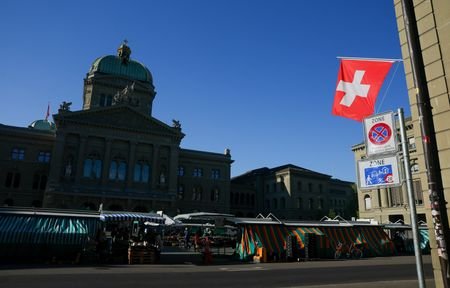 A Swiss flag is pictured in front of the Swiss