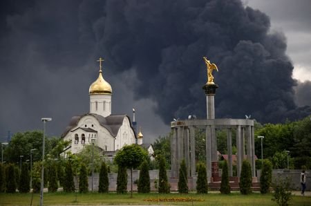 Smoke rises from an oil refinery following a Ukrainian drone