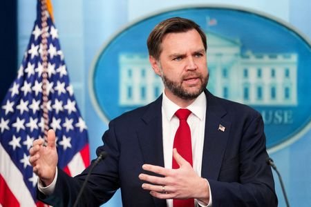 FILE PHOTO: U.S. Vice President JD Vance holds a press