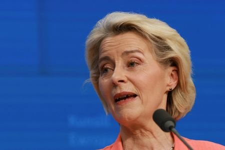 EU Commission President von der Leyen addresses the media in