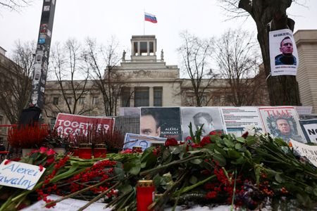 Supporters of late Kremlin critic Alexei Navalny protest outside the