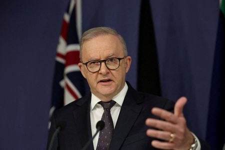 Australia's Prime Minister Anthony Albanese gestures during a press conference,