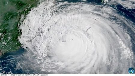 A satellite image shows Typhoon Bavi reaching Japan's Ryukyu Islands,