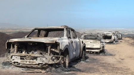 Deadly wildfire in Spain leaves charred cars in Bedar, Almeria
