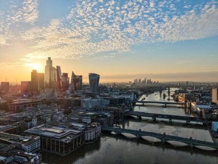 A drone view shows the skyline above central London