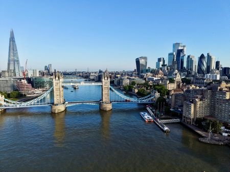 A drone view shows the skyline above central London