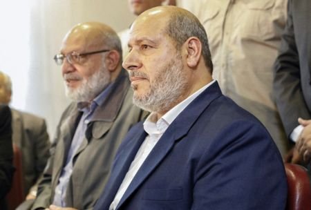 Hamas politburo member Khalil al-Hayya attends a news conference in