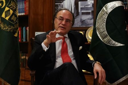 FILE PHOTO: Pakistan Finance Minister Muhammad Aurangzeb speaks during a
