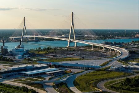 A drone view of the Gordie Howe International Bridge, ahead