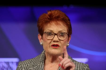 Australian Senator and One Nation leader Pauline Hanson gestures during