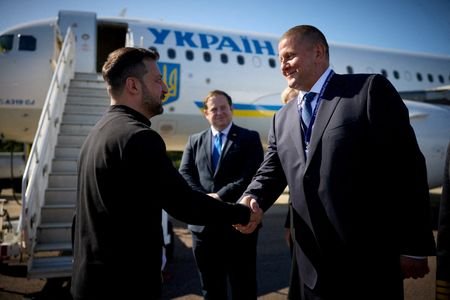FILE PHOTO: Ukraine's President Zelenskiy arrives to Britain