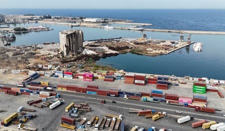 A drone view of containers and the partially collapsed grain