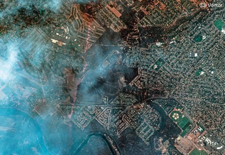 A satellite image shows wildfire damage to the Balboa neighborhood