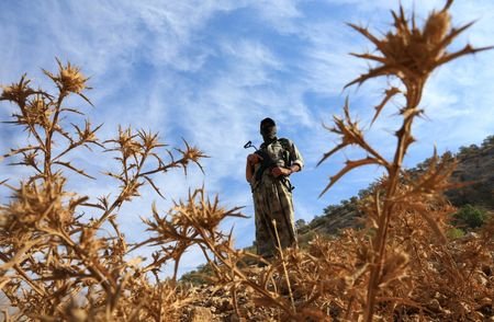 A fighter with the Kurdistan Workers' Party (PKK) stands guard